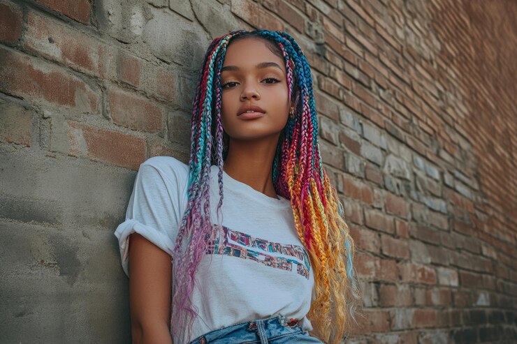 Niña de la Generación Z con trenzas coloridas camiseta de gran tamaño y vaqueros rasgados de pie contra una pared de ladrillo conf