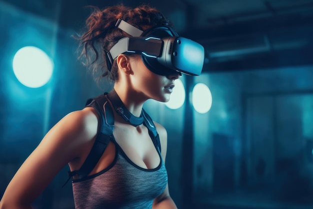 Niña en el gimnasio con gafas de realidad virtual VR Fitness Concept