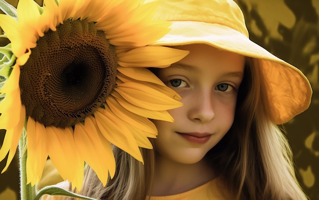 Una niña con un girasol en la mano.