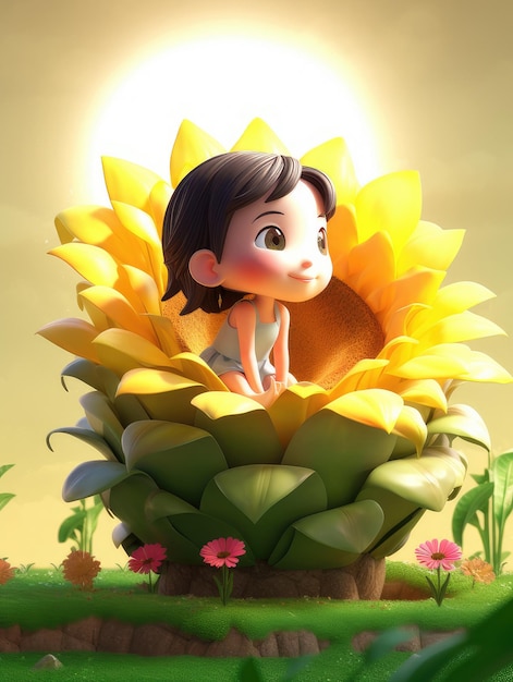 Una niña en un girasol con la palabra sol en él.