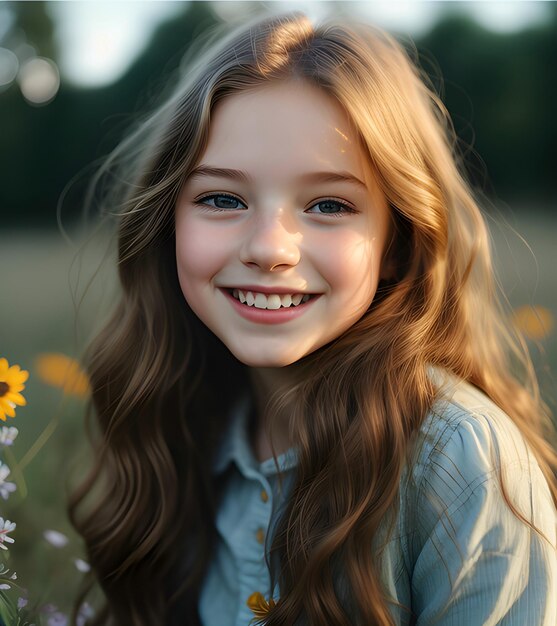 Una niña con un girasol en el pelo.