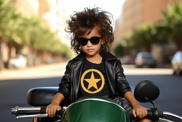 Niña glamorosa de moda con vestido negro de verano y gafas de sol sentada afuera