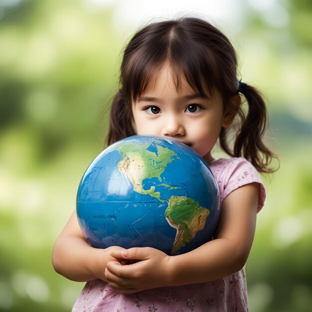 Foto una niña con un globo con el mundo en sus manos