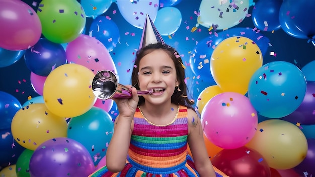 Niña con globos coloridos soplando cuerno de fiesta en telón de fondo azul