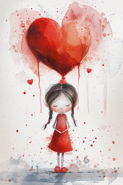 Una niña con globos en forma de corazones sobre un fondo blanco Ilustración