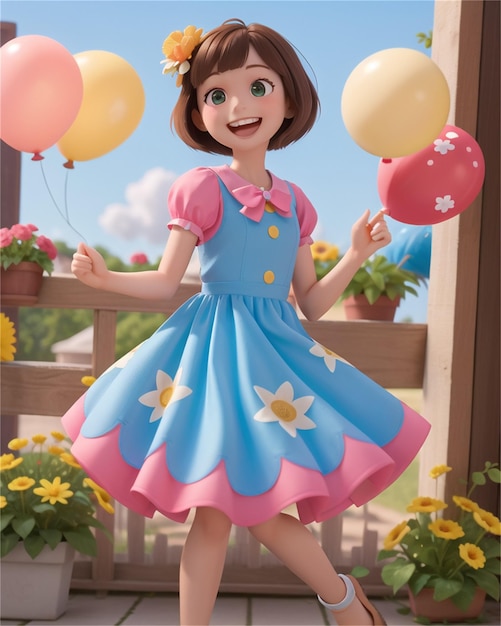 una niña con globos en la mano sostiene globos.