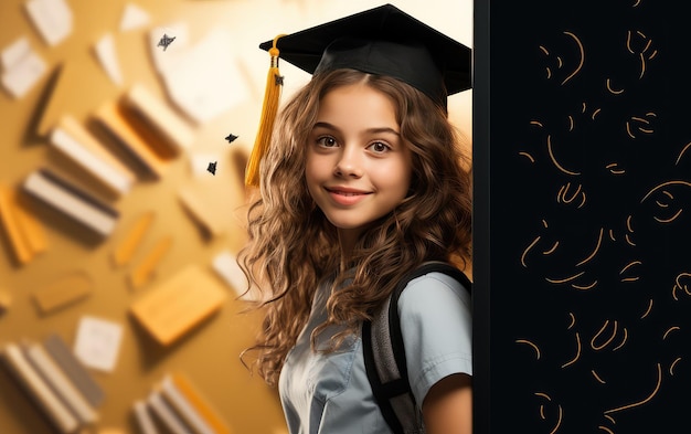 Foto niña con gorra de graduación en el día de regreso a la escuela