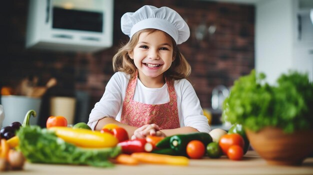 una niña con gorro de chef sonríe a la cámara