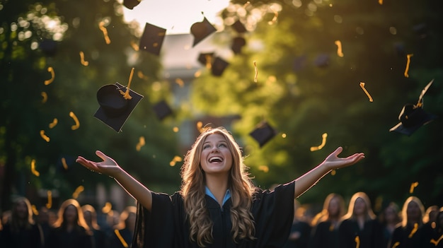 Niña graduada de la universidad arrojando su gorra en la celebración de la graduación