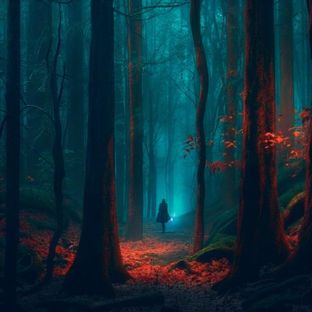 Una niña en un gran bosque.