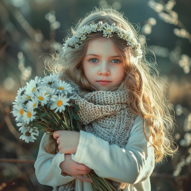 Niña con un gran ramo de flores blancas de belleza