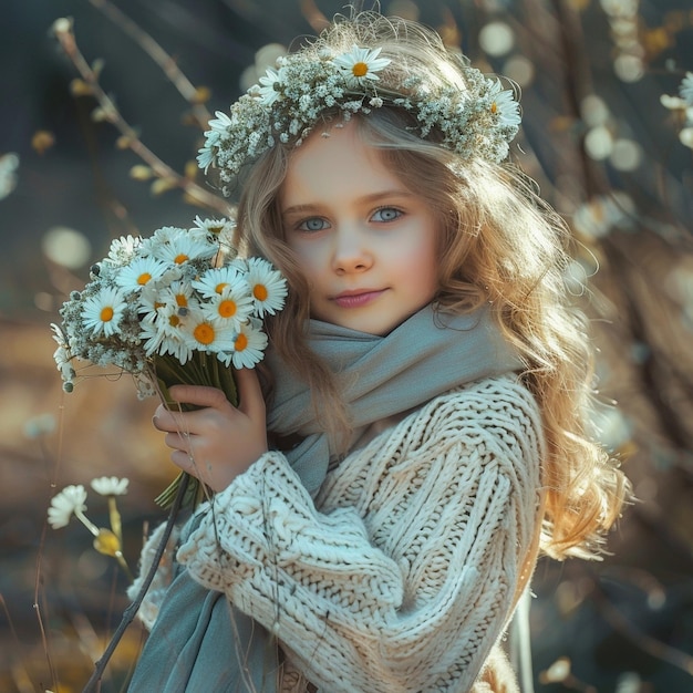 Niña con un gran ramo de flores blancas de belleza