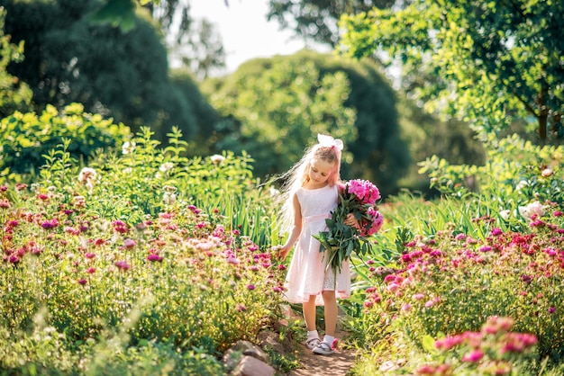 Niña con un gran ramo de peonías. Un niño camina en el parque con flores en verano.