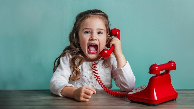 Una niña gritando y emocionada hablando por un teléfono retro rojo.