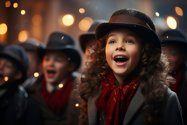 Una niña y un grupo de cantores cantan villancicos en una calle nevada