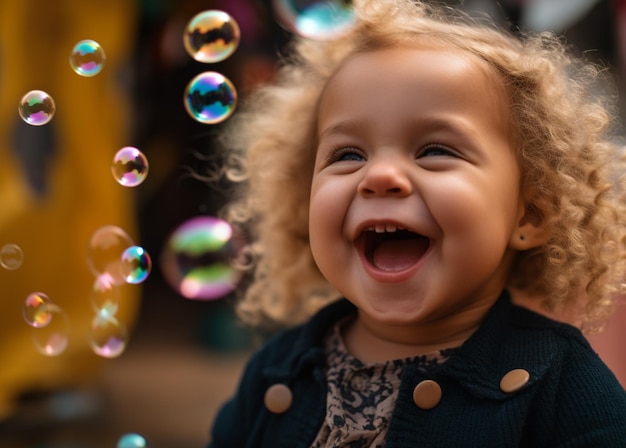 Una niña haciendo burbujas y riendo con alegría contra un fondo colorido