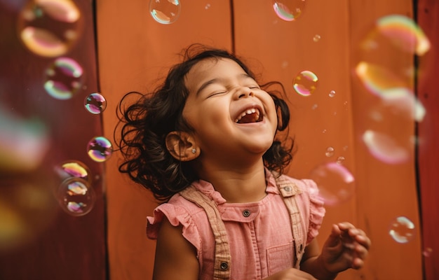 Una niña haciendo burbujas y riendo con alegría contra un fondo colorido