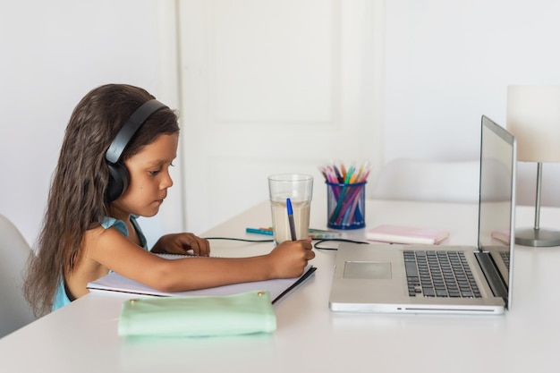 Niña haciendo escuela en casa por internet debido a la pandemia de COVID-19