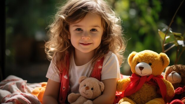 Niña haciendo un picnic con sus peluches