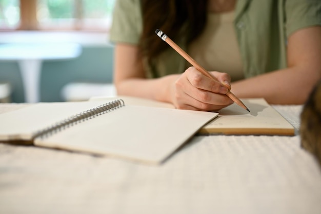 Una niña haciendo la tarea en casa escribiendo algo en papel sosteniendo un lápiz escribiendo su diario