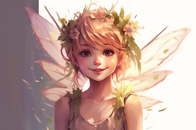 una niña hada con alas delicadas una corona floral generada por IA