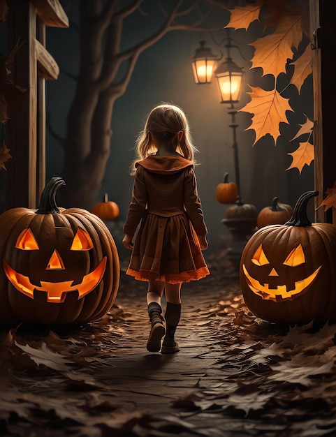 Niña de Halloween junto a una calabaza en la noche escena aterradora