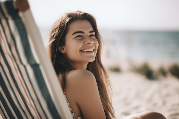 Una niña en una hamaca en la playa.