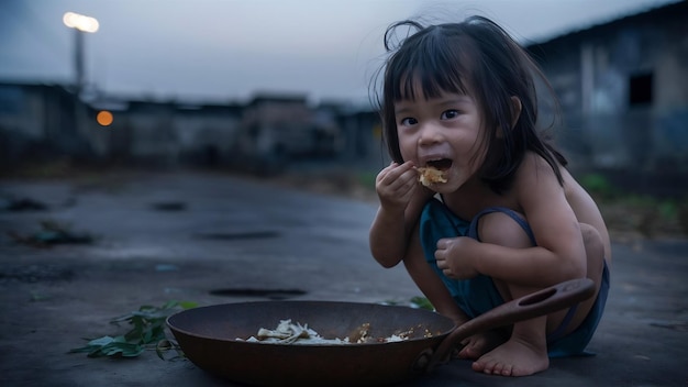 Niña hambrienta comiendo de la sartén