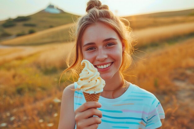 Foto niña con helado en un cono de waffle en el campo