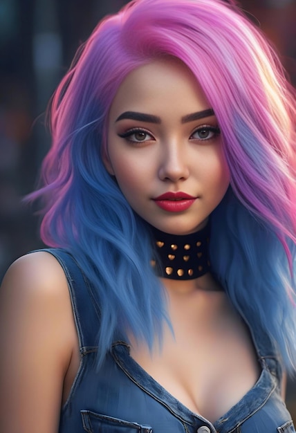 Niña hermosa con cabello rosa y maquillaje brillante Retrato de una niña hermosa con cabello azul