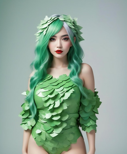 Niña hermosa con cabello verde y maquillaje en disfraz de hada