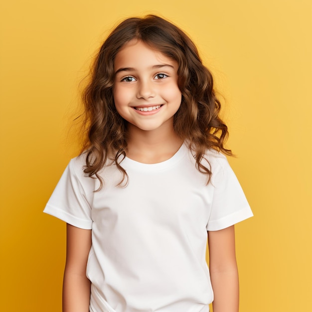 Una niña hermosa con una camiseta blanca en blanco