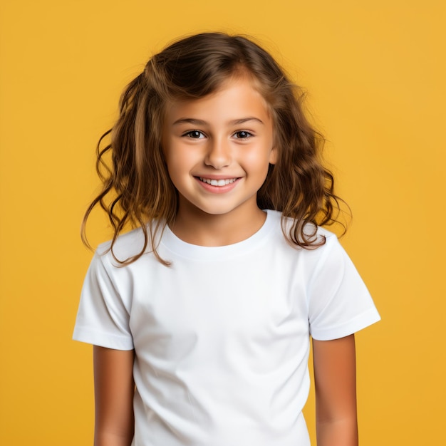 Una niña hermosa con una camiseta blanca en blanco