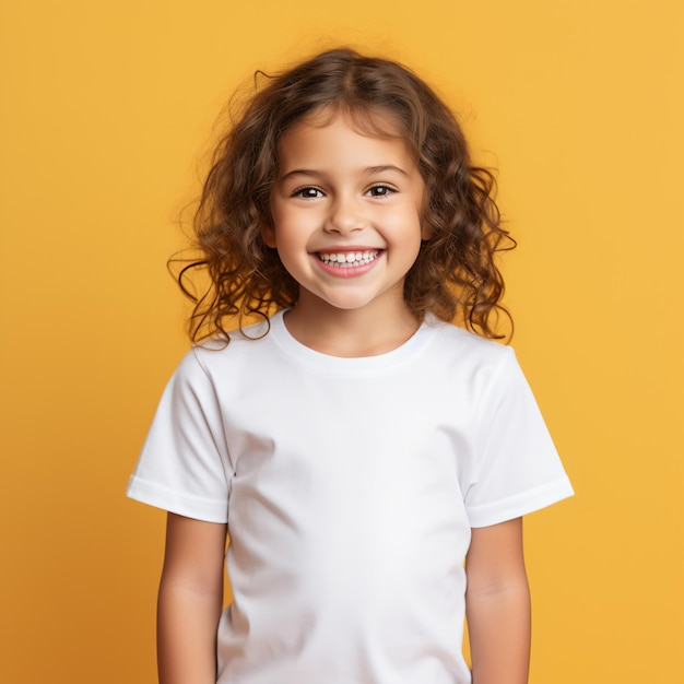 Una niña hermosa con una camiseta blanca en blanco