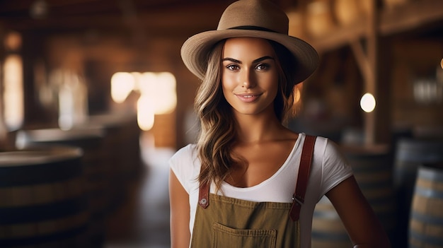 Niña hermosa con un delantal y sombrero de vaquero en un almacén de cerveza