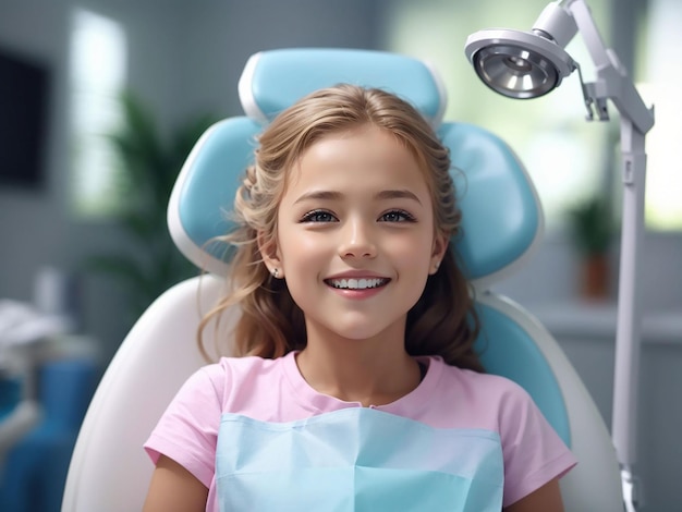 Una niña hermosa en el dentista sonriendo