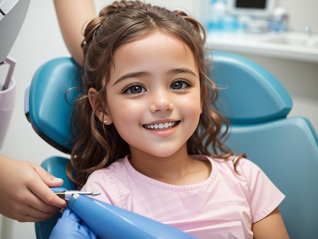 Niña hermosa en el dentista sonriendo