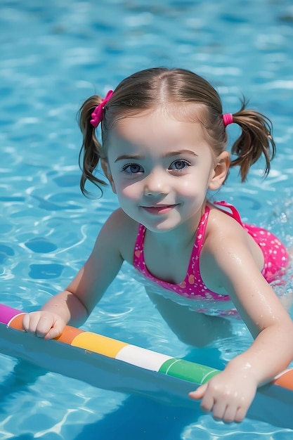 Foto una niña hermosa descansando en la piscina y aprendiendo a nadar