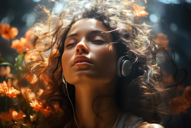 Niña hermosa escuchando música en los auriculares contra el telón de fondo de los arbustos de primavera en flor