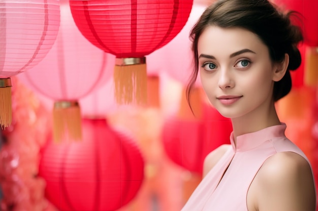 Niña hermosa para el Festival de Medio Otoño en una paleta rosa