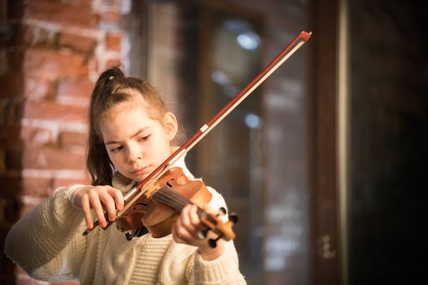 Una niña hermosa con el pelo largo tocando el violín