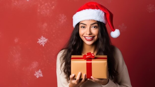 Niña hermosa con un regalo de Navidad Ilustración AI GenerativexA