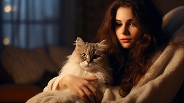 Foto niña hermosa en un suéter de punto acariciando a un gato noche acogedora generación ai