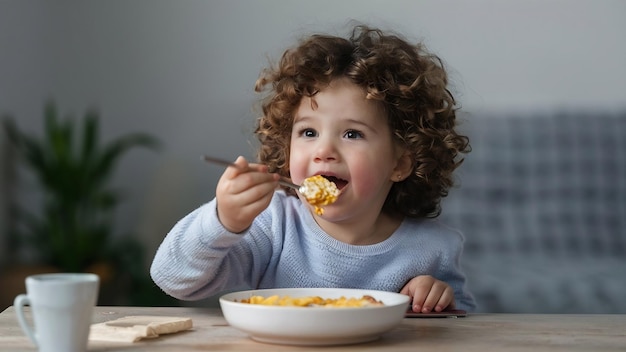 Niña hermosa tomando el desayuno en casa