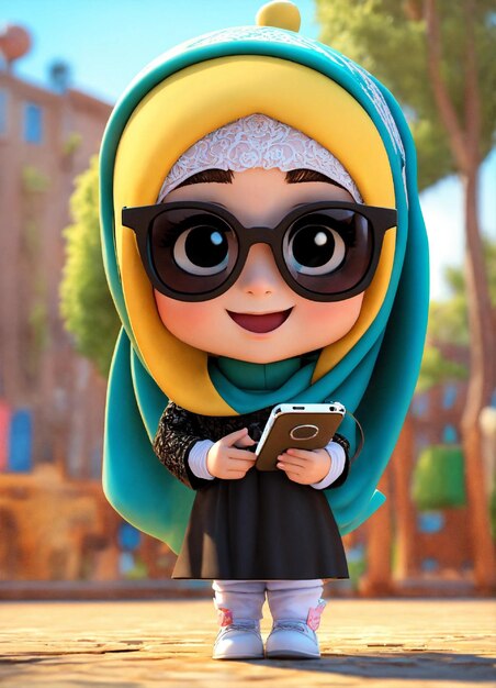 Foto niña hijab mascota 3d sostiene el teléfono móvil usar gafas de sol negras gran sonrisa