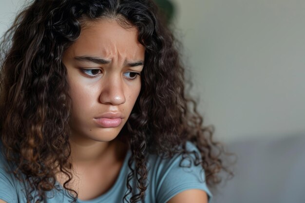 Foto niña hispana deprimida con emociones y sentimientos tristes