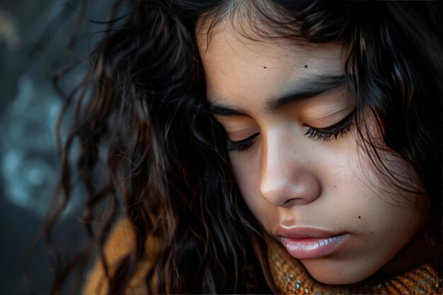 Foto niña hispana deprimida con emociones y sentimientos tristes