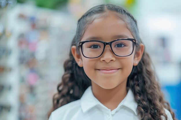 Una niña hispana en una tienda de óptica probándose gafas nuevas.