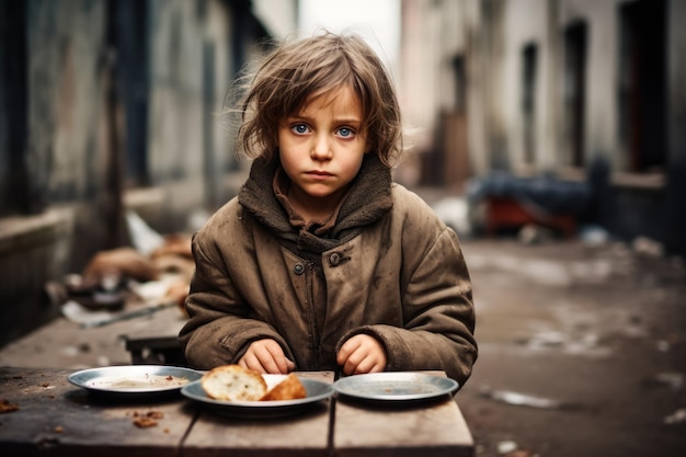 Niña sin hogar en la calle con un plato vacío