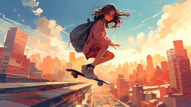 Niña en una ilustración de patineta